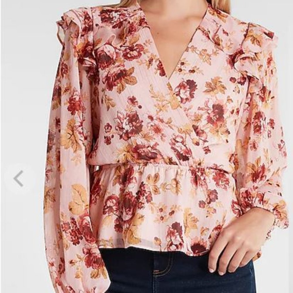 NWOT Express Light Pink & Gold Floral Ruffle Balloon Sleeve Peplum Top